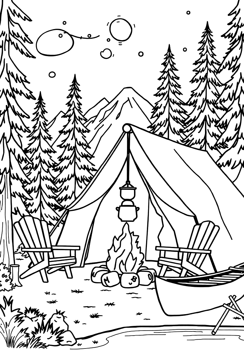 Printable campsite coloring page with bold, clean lines
