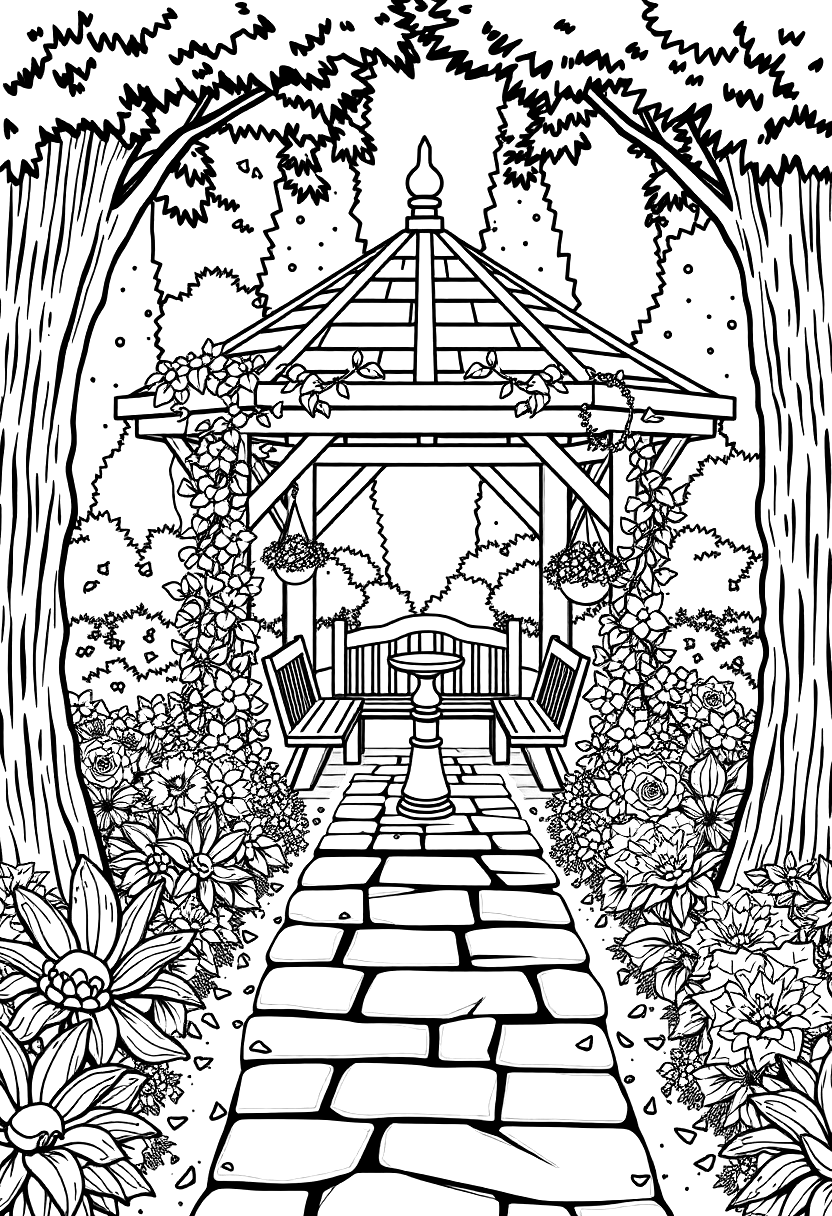 Printable garden gazebo coloring page surrounded by flowers