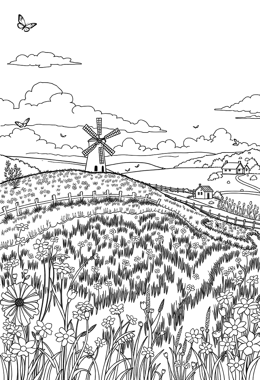 Printable windmill and wildflower hillside coloring page